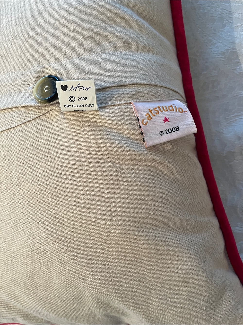 Catstudio Cream Holiday 'North Pole' Hand Embroidered Decorative Pillow Red Trim - Picture 2 of 7